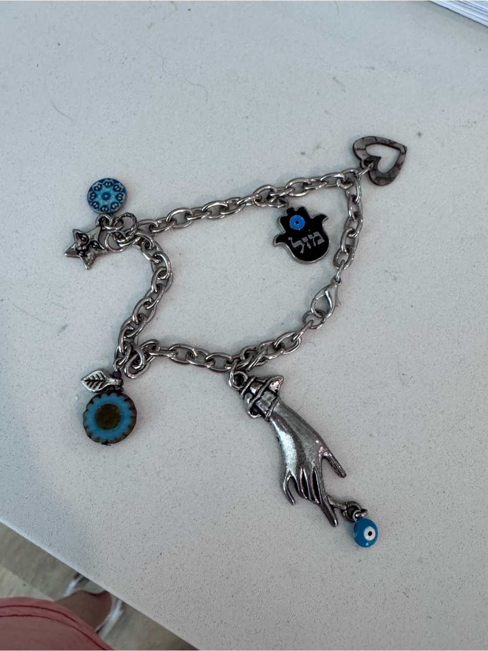 Silver Charm Bracelet with Hand & Evil Eye Charms